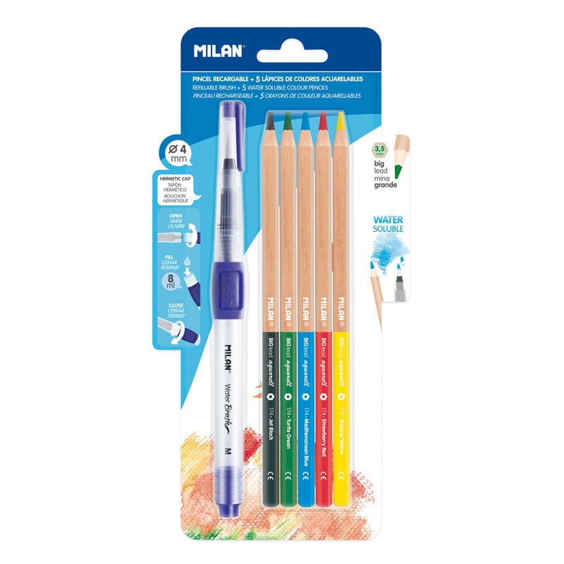 Milan Colored watercolor pencils, 3.5 mm, 5 colors, with brush included