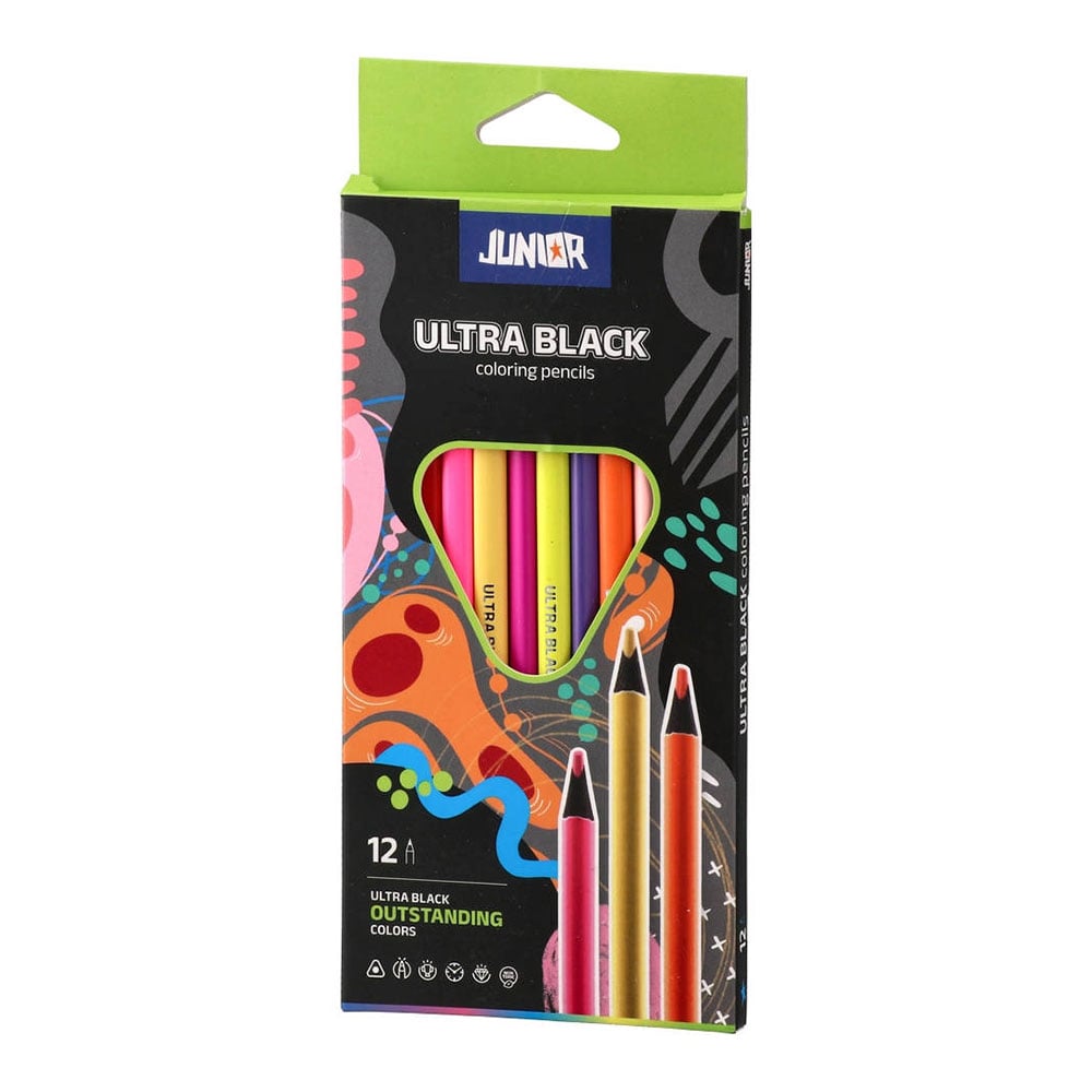 Junior Ultra Black Coloured Pencils, 12 colours