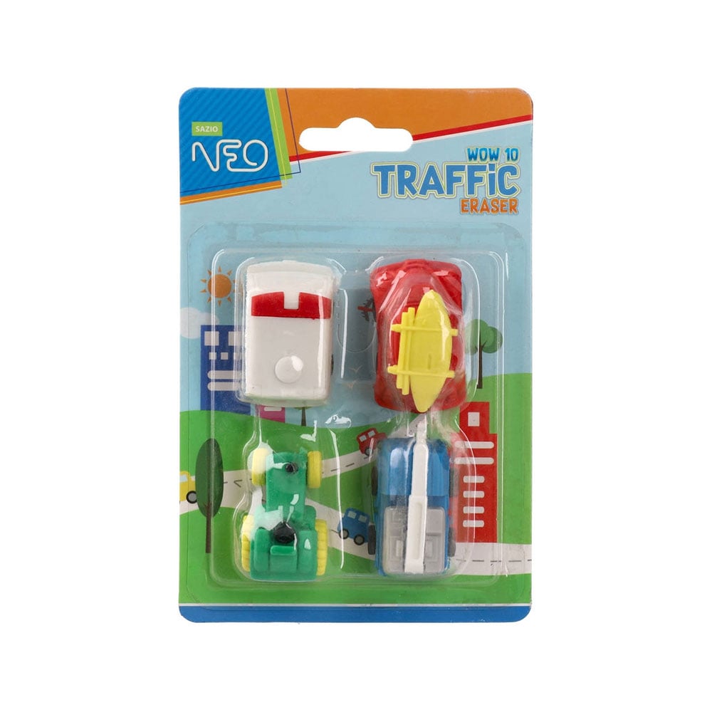 Sazio Wow10 Pencil Erasers, vehicles, 4 pcs