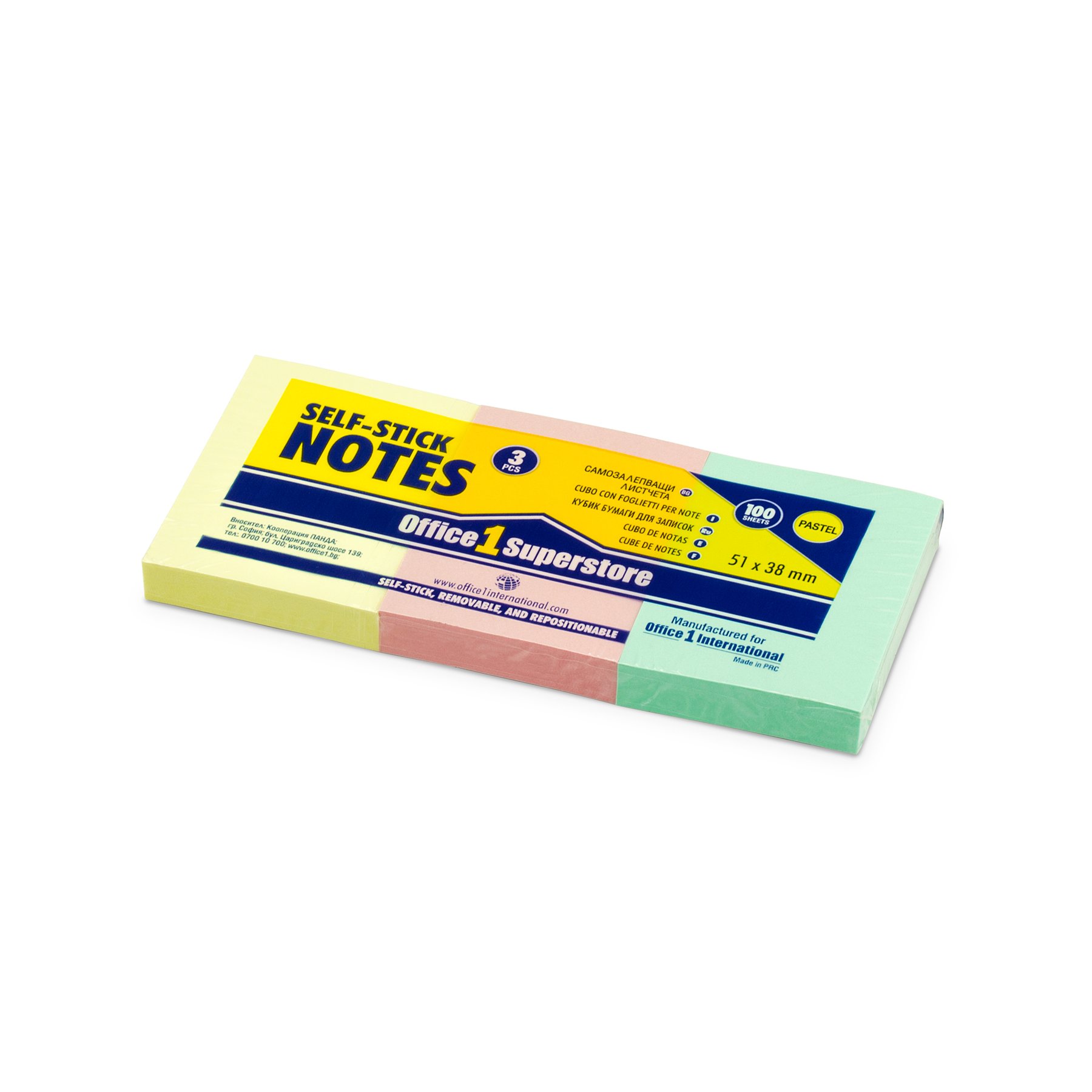 Office 1 Self-adhesive notes, 38 x 51 mm, pastel colours, 100 sheets, 3 pcs