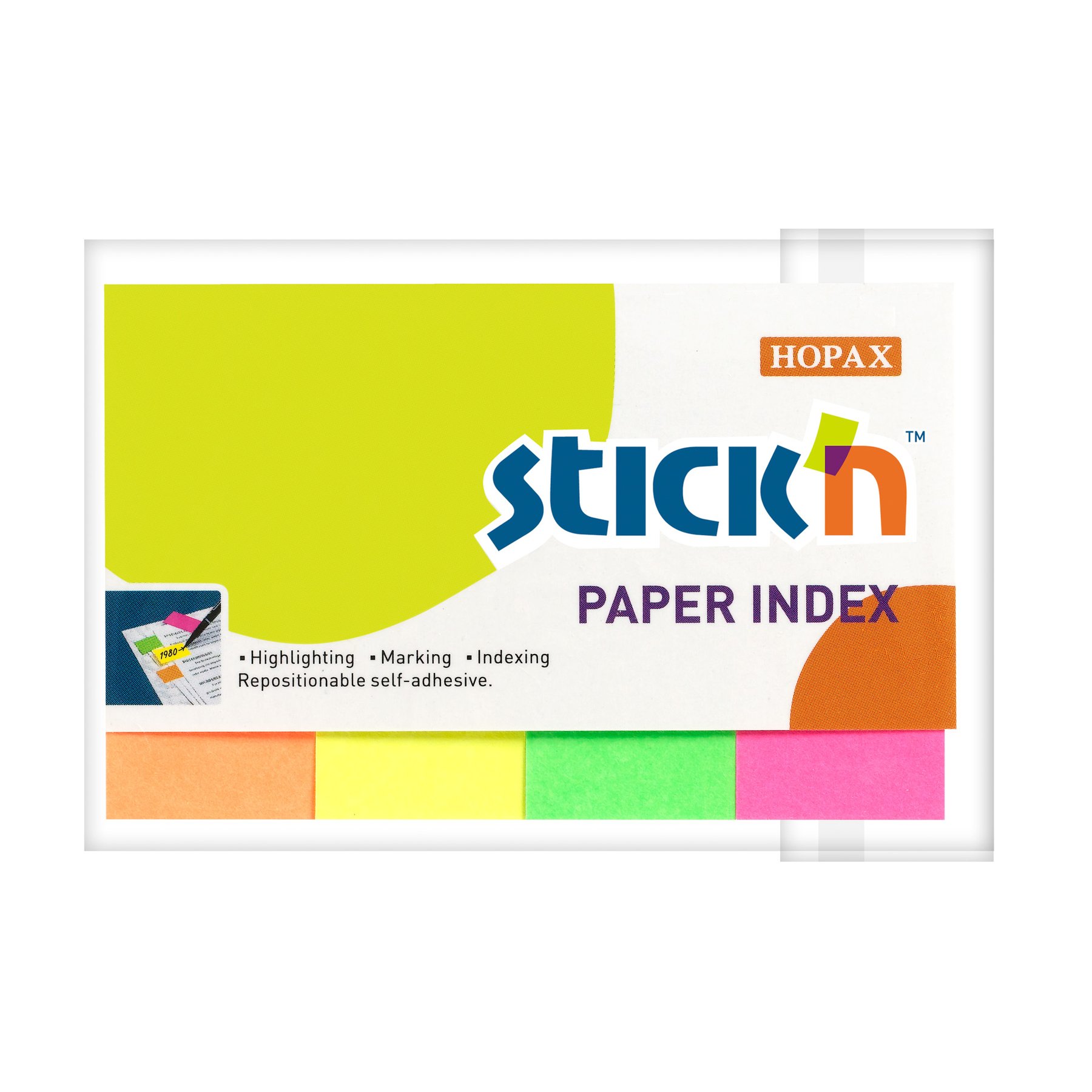 Stick’n Self-Adhesive Paper Indexes, 20 x 50 mm, neon, 4 colours, 200 pcs