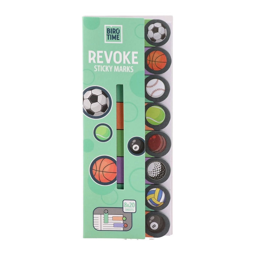 Biro Time Revoke Sticky Index Tabs, football, 8 types x 20 sheets