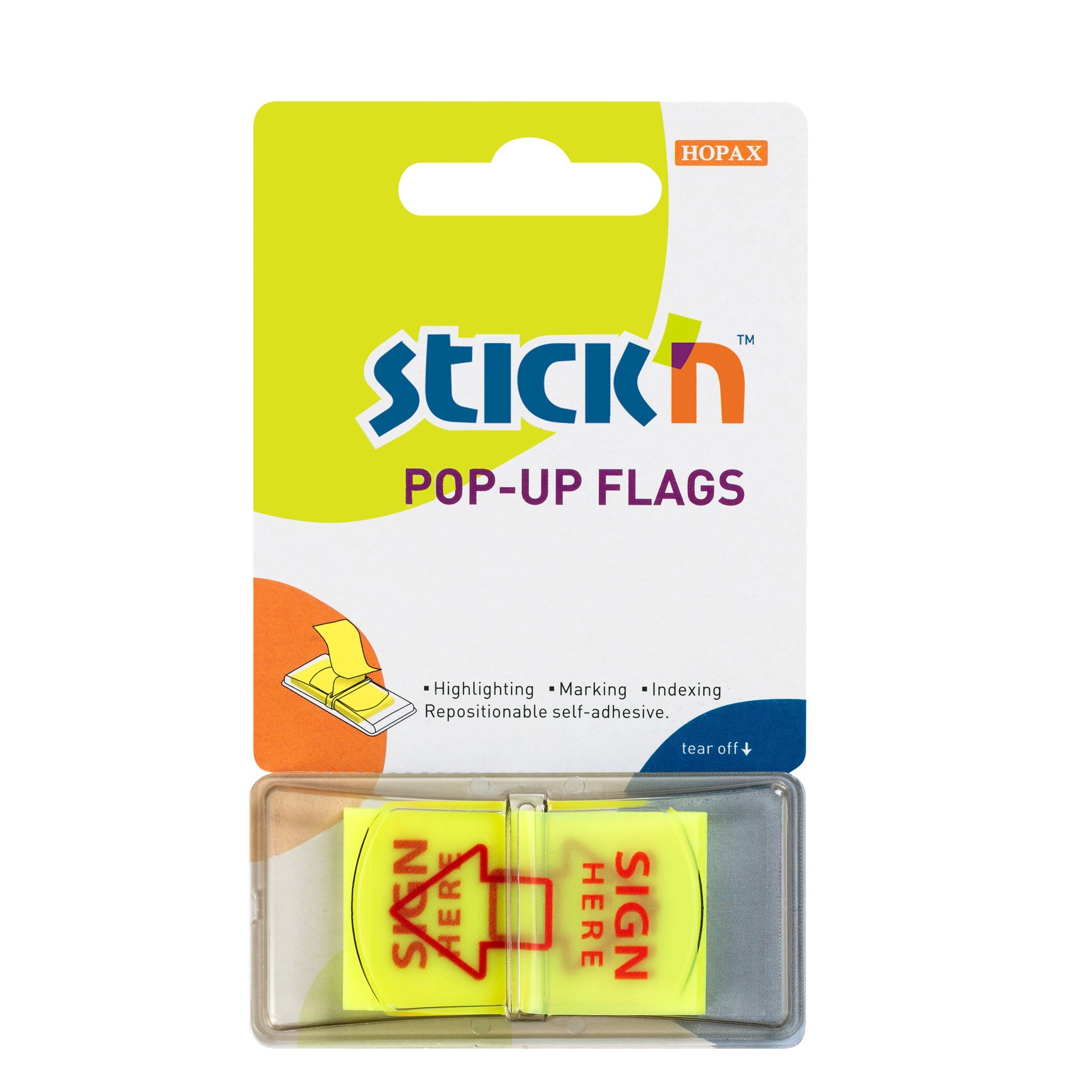Stick'n Self-Adhesive Index Tabs Sign Here, with arrow, PVC, 45 x 25 mm, yellow, 50 pcs
