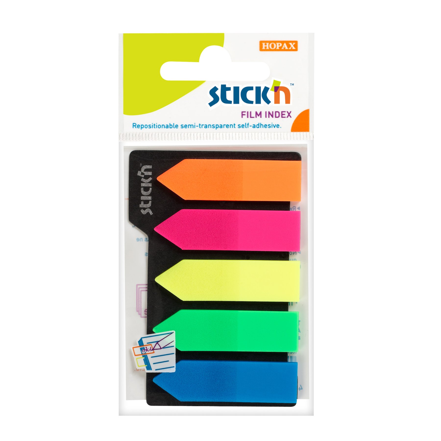 Stick'n Sticky indexes, arrow shape, PVC, 42 x 12 mm, 5 colours, 125 pcs
