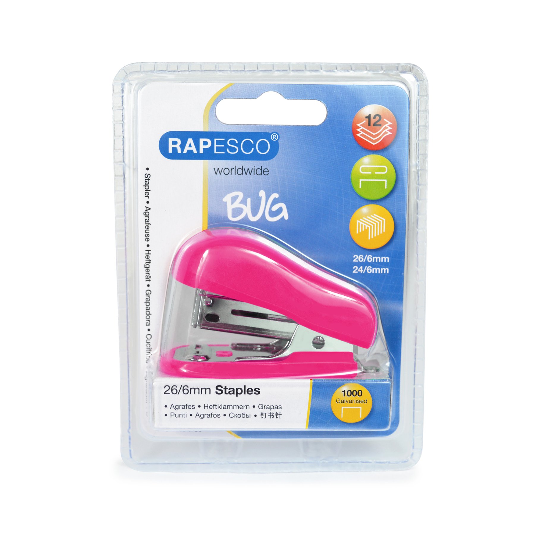 Rapesco Stapler Bug, 26/6, for 12 sheets, hot pink, with staples