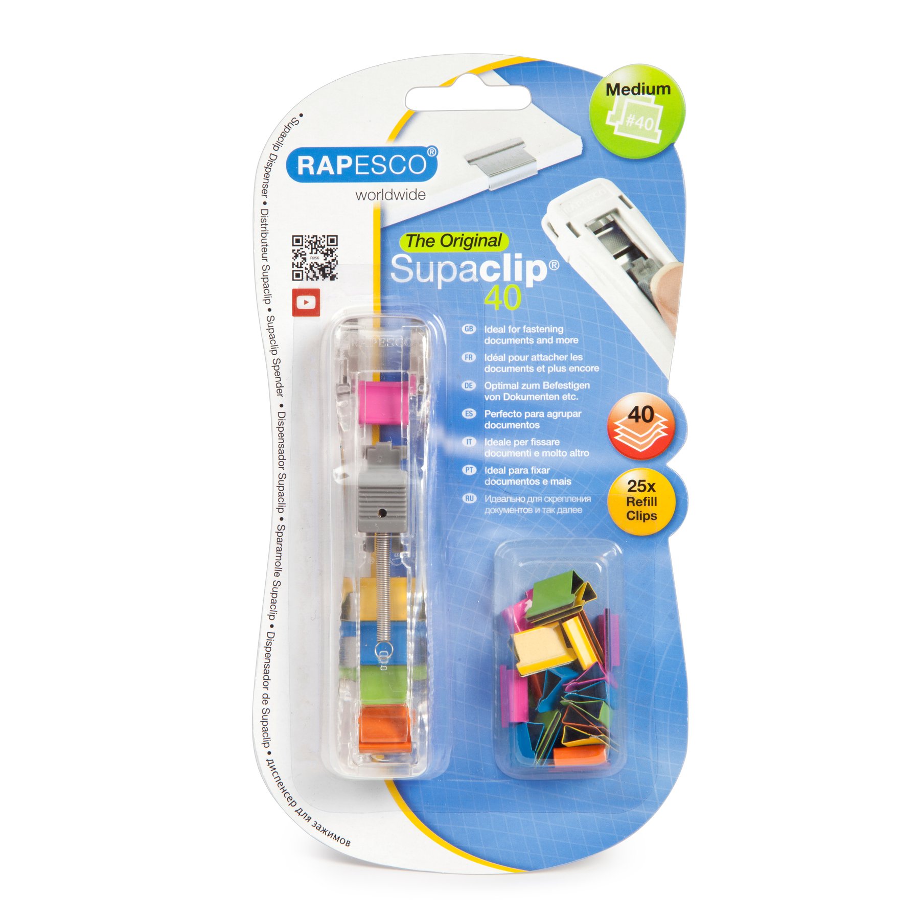 Rapesco Supaclip Dispenser, for 40 sheets, with 25 colored clips included