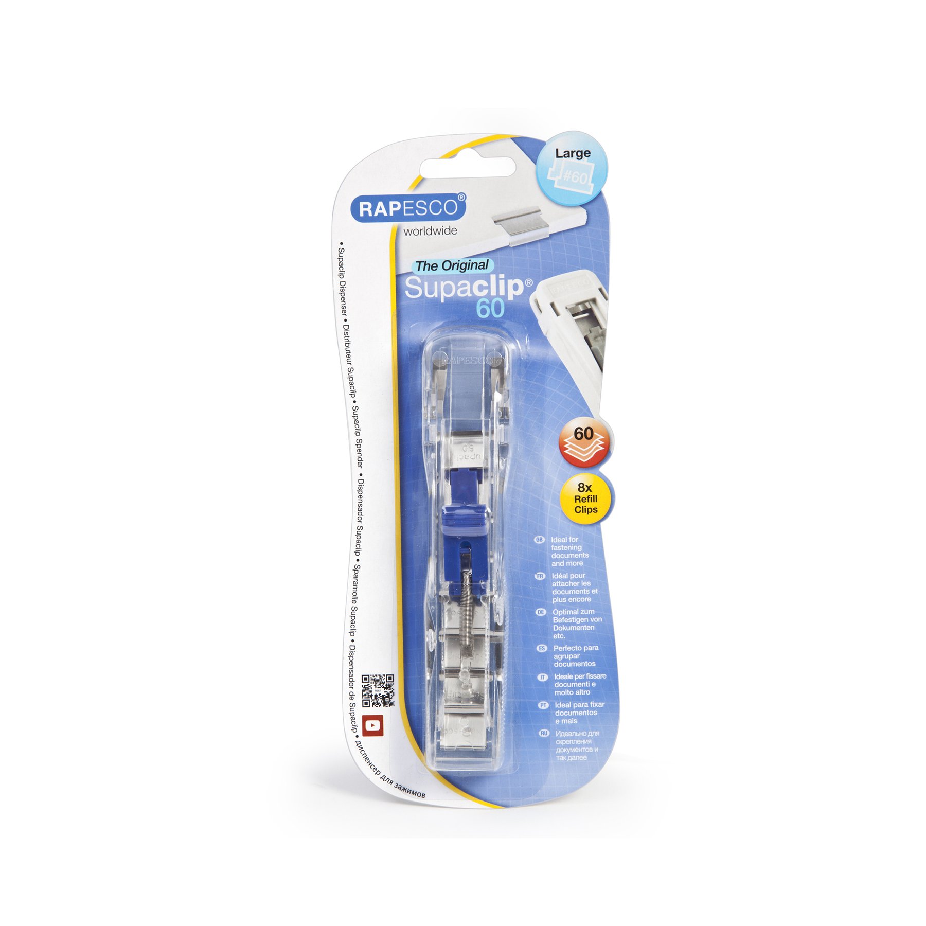 Rapesco Supaclip 60 dispenser, with 8 metal clips for 60 sheets