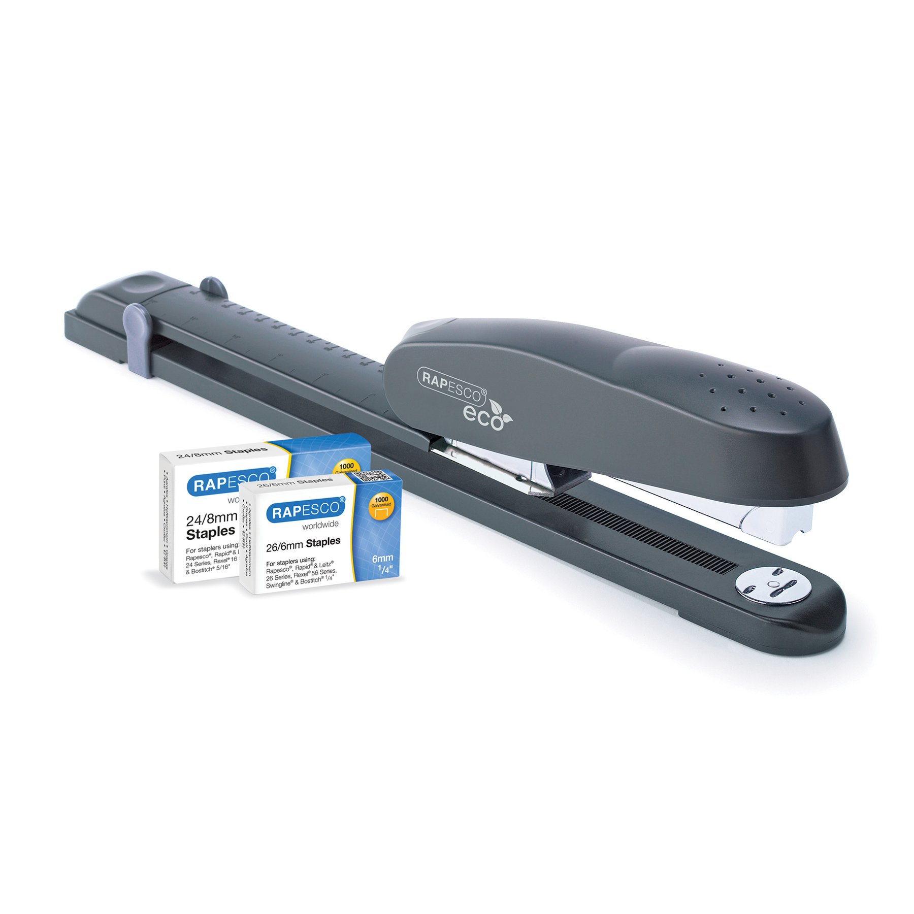 Rapesco Stapler Eco, long arm, 24/6 or 24/8, for 50 sheets, black