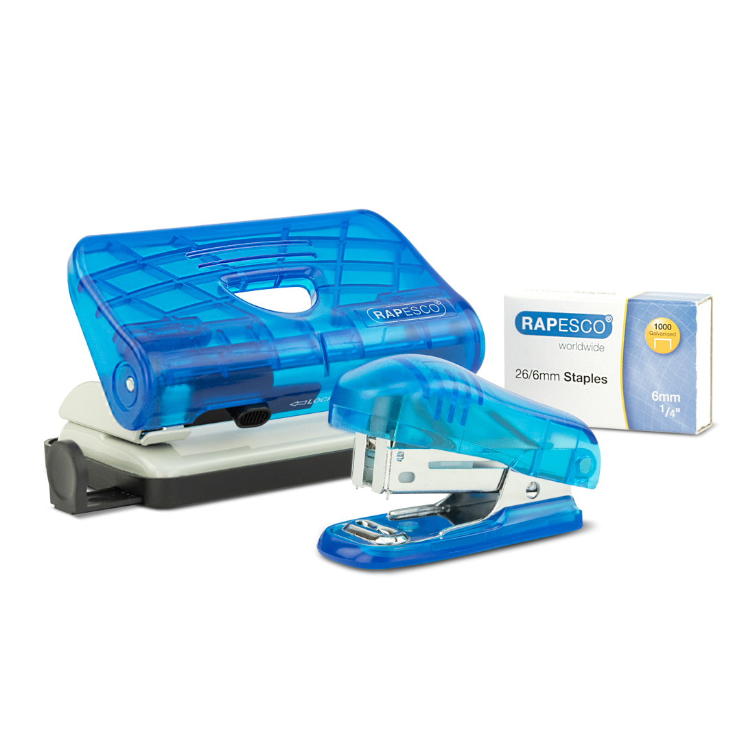 Rapesco Set Blue, hole punch for 12 sheets and stapler for 18 sheets, with staples