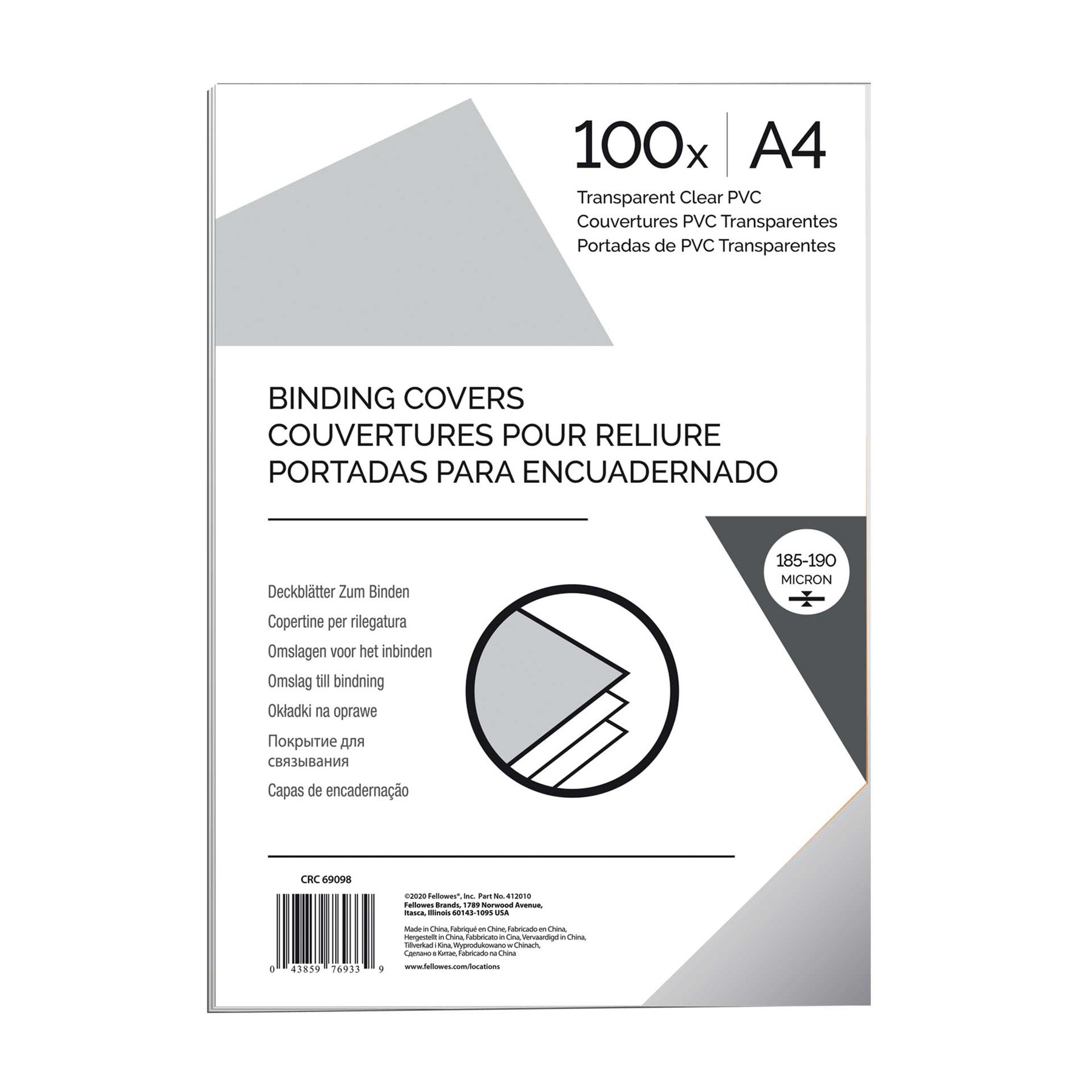 Fellowes Binding covers, PVC, A4, 200 microns, transparent, 100 pcs