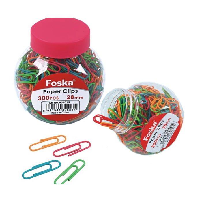 Foska Paper Clips, 28 mm, coloured, 300 pcs in jar