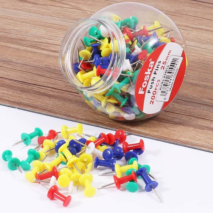 Foska Push pins, 25 mm, 200 pcs, assorted, in jar