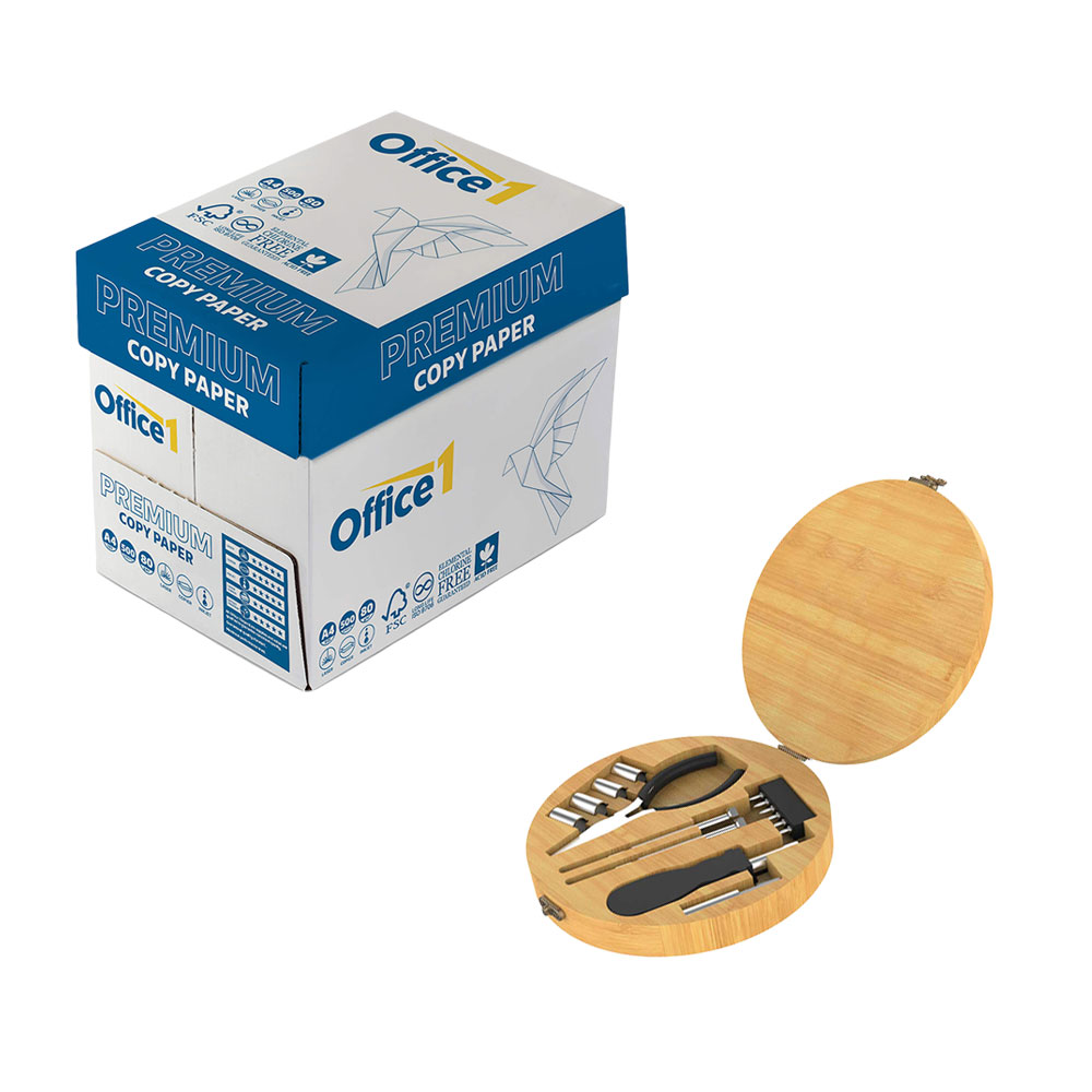 Office 1 Копирна хартия Premium, A4, 80 g/m2, 500 листа, 1 кашон, в комплект с Инструменти Round Tools, в кръгла кутия от бамбук