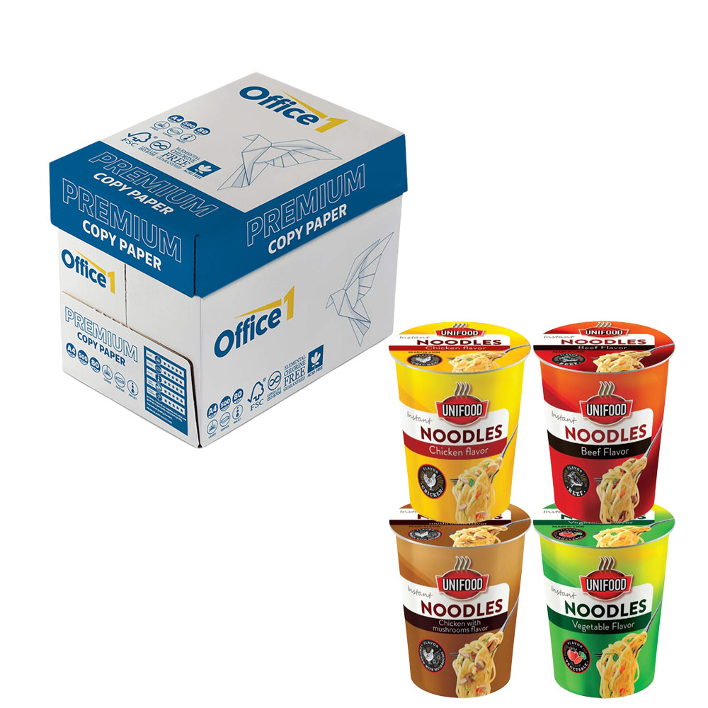 Office 1 Копирна хартия Premium, A4, 80 g/m2, 500 листа, 1 кашон, в комплект с Спагети Uni Food, инстантни, в чаша, 70 g, 4 вида