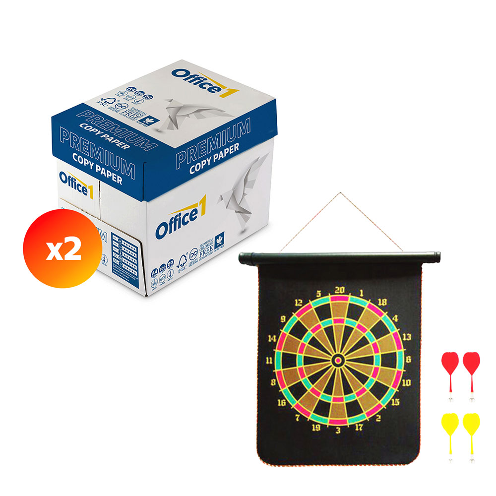 Office 1 Копирна хартия Premium, A4, 80 g/m2, 500 листа, 2 кашона, в комплект с Дартс, магнитен, 15''