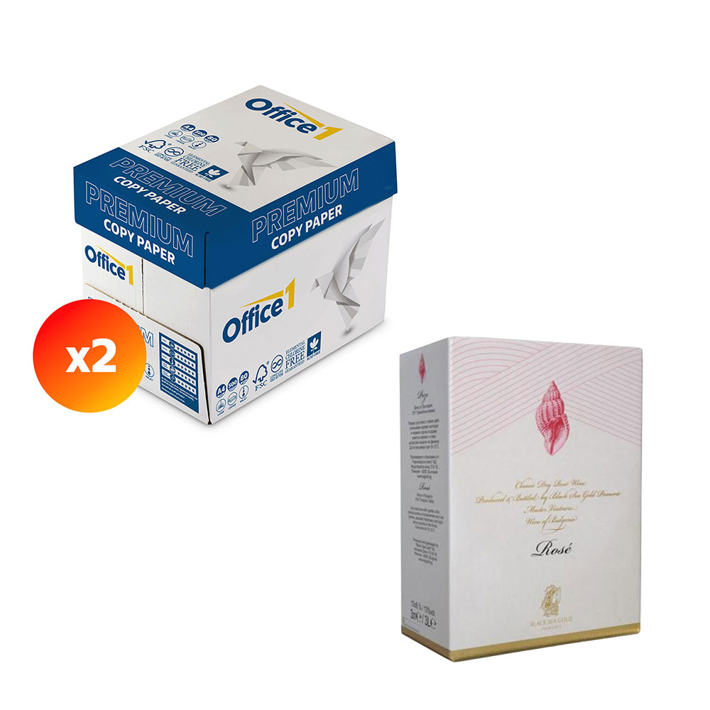 Office 1 Копирна хартия Premium, A4, 80 g/m2, 500 листа, 2 кашона, в комплект с Вино Раковина, розе, 3 L