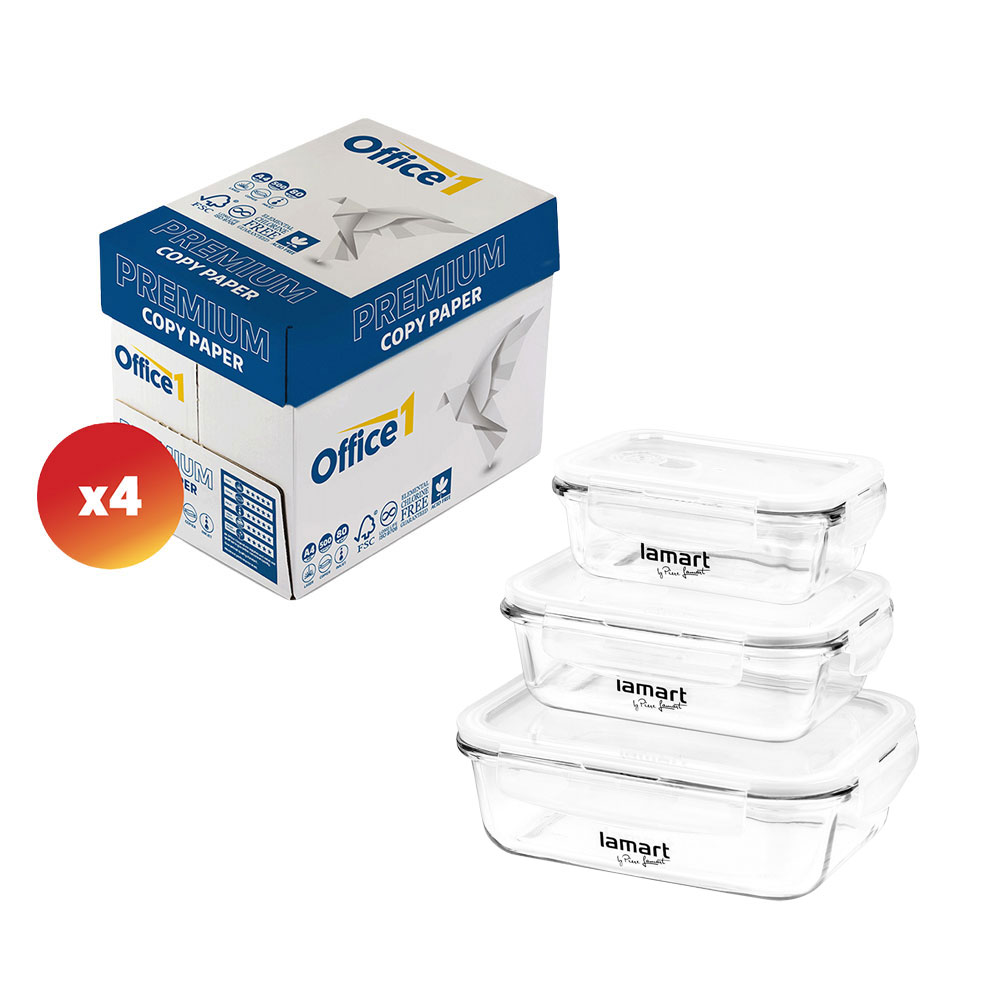 Office 1 Premium Copy Paper, A4, 80 g/m?, 500 sheets, 4 cartons, bundled with Lamart Glass Food Container Set, 370 ml, 640 ml, 1040 ml