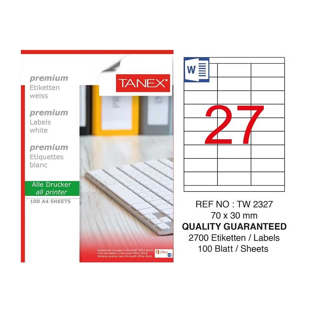 Tanex Self-Adhesive Labels, A4, 70 x 30 mm, 27 pcs, 100 sheets