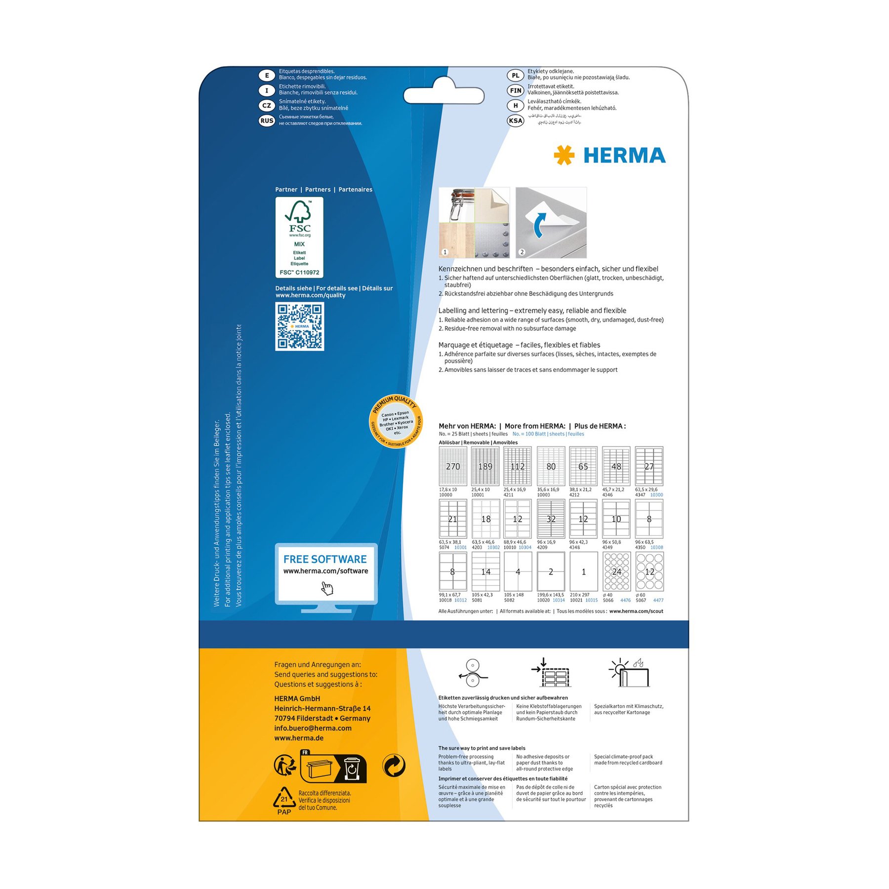 Herma Self-Adhesive Labels, A4, removable, 63.5 x 38.1 mm, 21 per sheet, 25 sheets