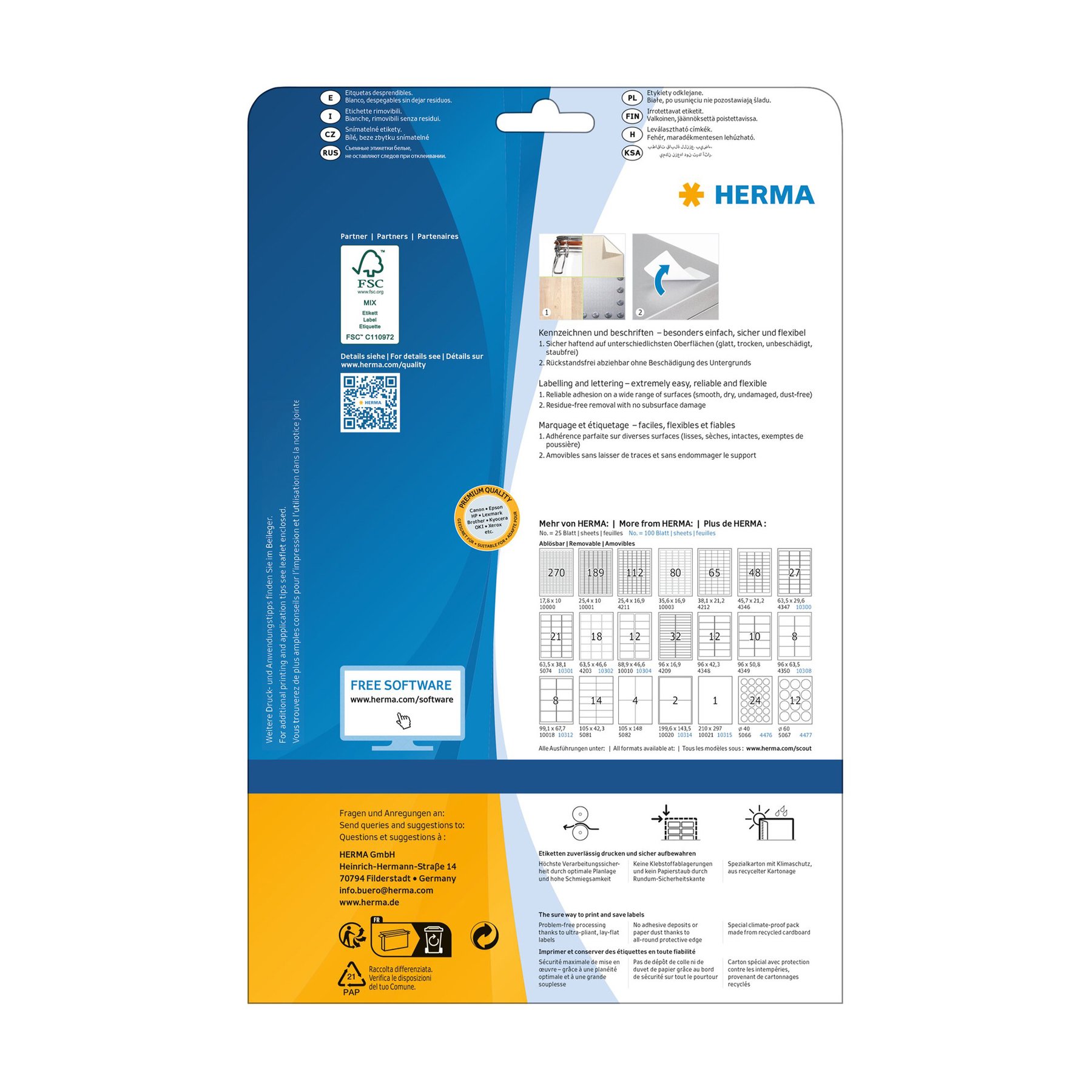 Herma Self-adhesive labels, A4, repositionable, 99.1 x 139 mm, 4 pcs, 25 sheets