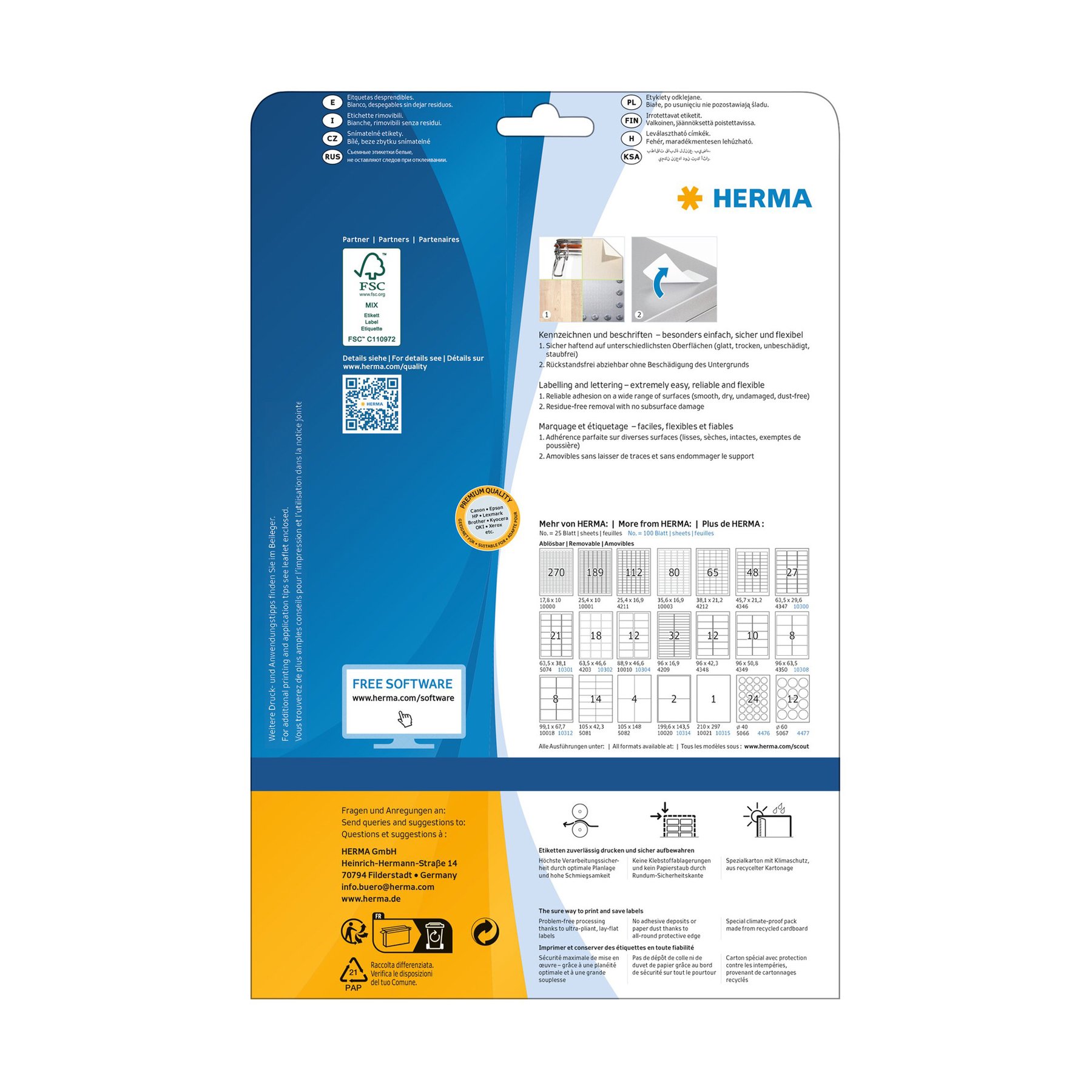 Herma Self-adhesive labels, A4, removable, 199.6 x 143.5 mm, 2 per sheet, 25 sheets