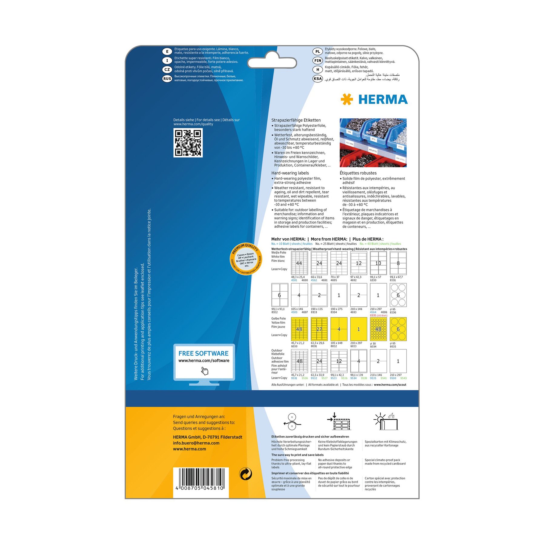 Herma Self-Adhesive Labels, A4, polyester, 48.3 x 25.4 mm, 10 sheets
