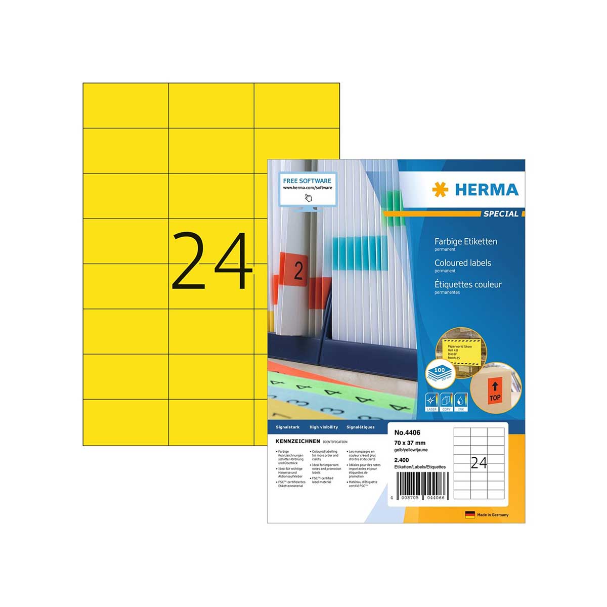 Herma Self-Adhesive Labels, A4, 70 x 37 mm, yellow, 24 pieces, 100 sheets