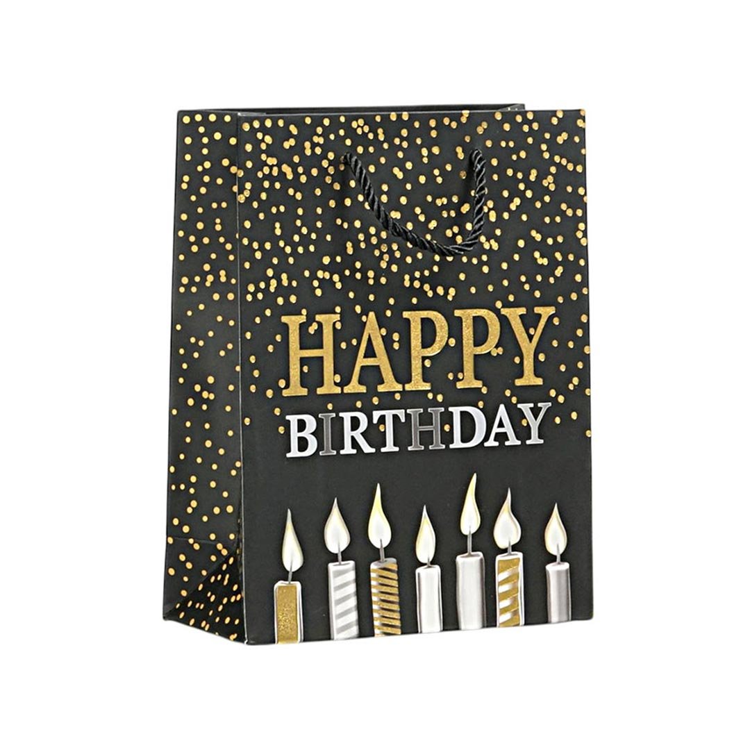 Gift bag Happy Birthday, candles, 26 x 32 x 10 cm, black