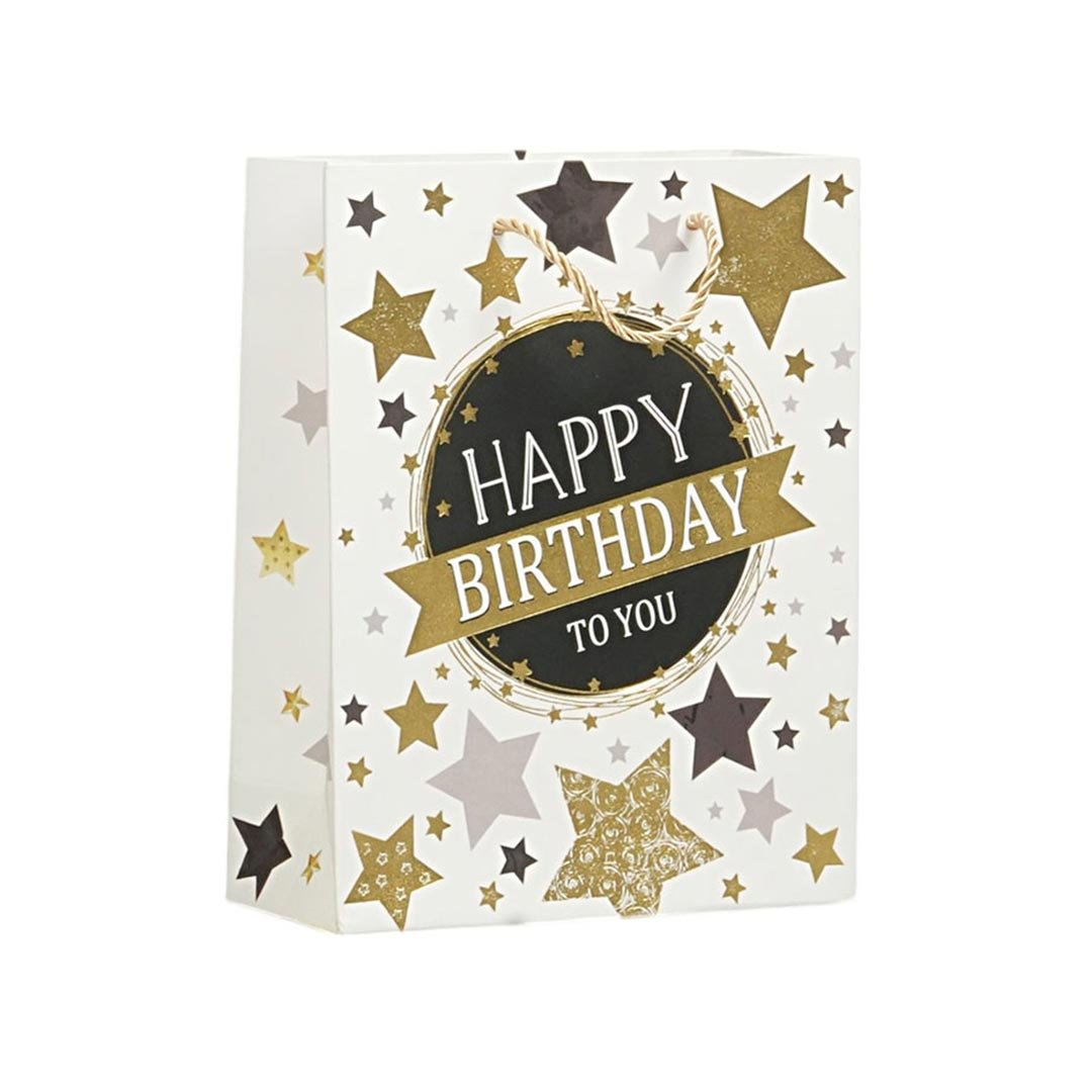 Gift bag Happy Birthday, stars, 26 x 32 x 10 cm, white
