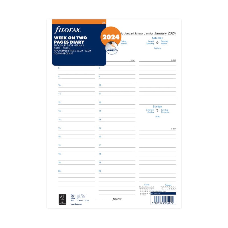 Filofax Refill for organizer Classic, A4, for 2024, 1 week on 2 pages, vertical