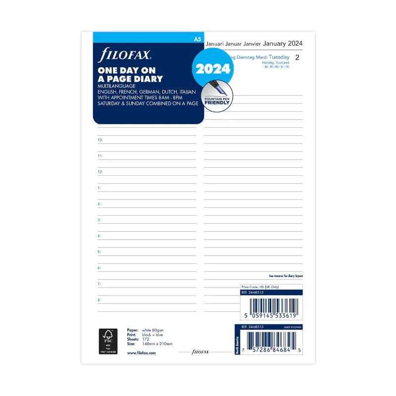 Filofax Organizer Refill Classic, A5, for 2024, 1 day per page