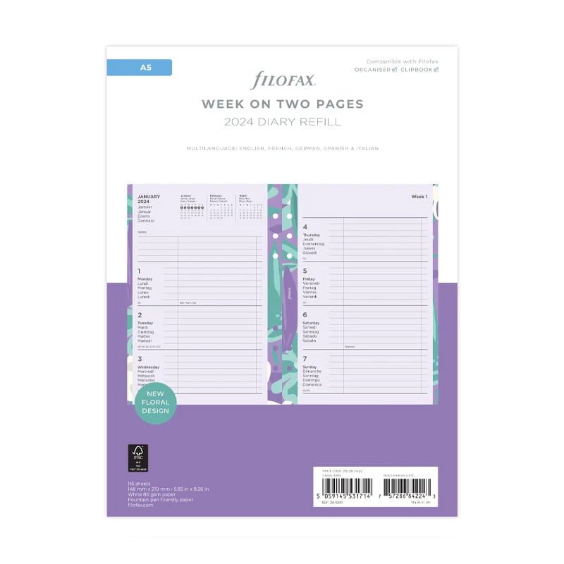 Filofax Refill Floral, A5, for 2024, One Week on Two Pages