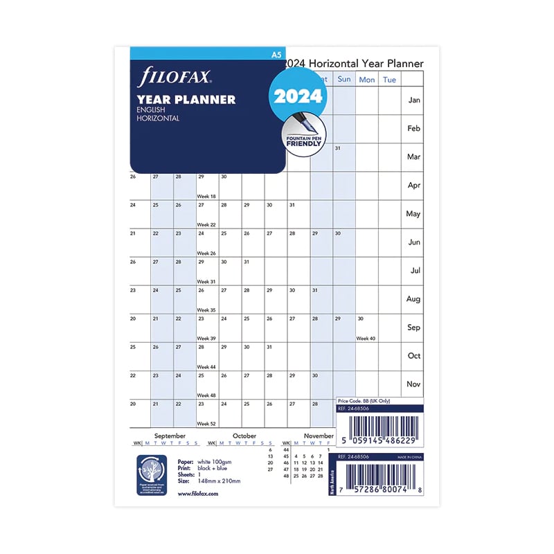 Filofax Organizer Refill, A5, for 2024, 1 year per spread