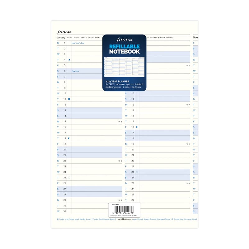 Filofax Refill for Notebook, A4, for 2024, 1 Year per Page, Fold-Out