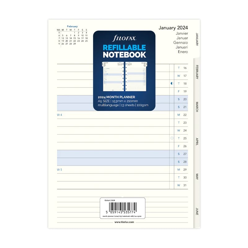 Filofax Diary Refill, A5, for 2024, 1 year per view