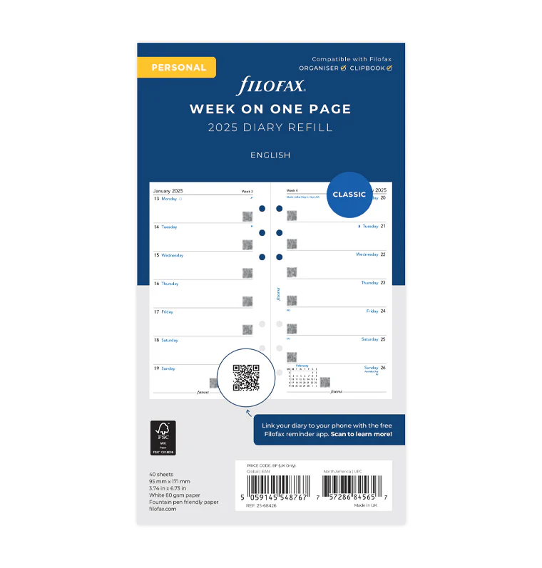 Filofax Refill for organizer Classic, Personal, for 2025, 1 week per page