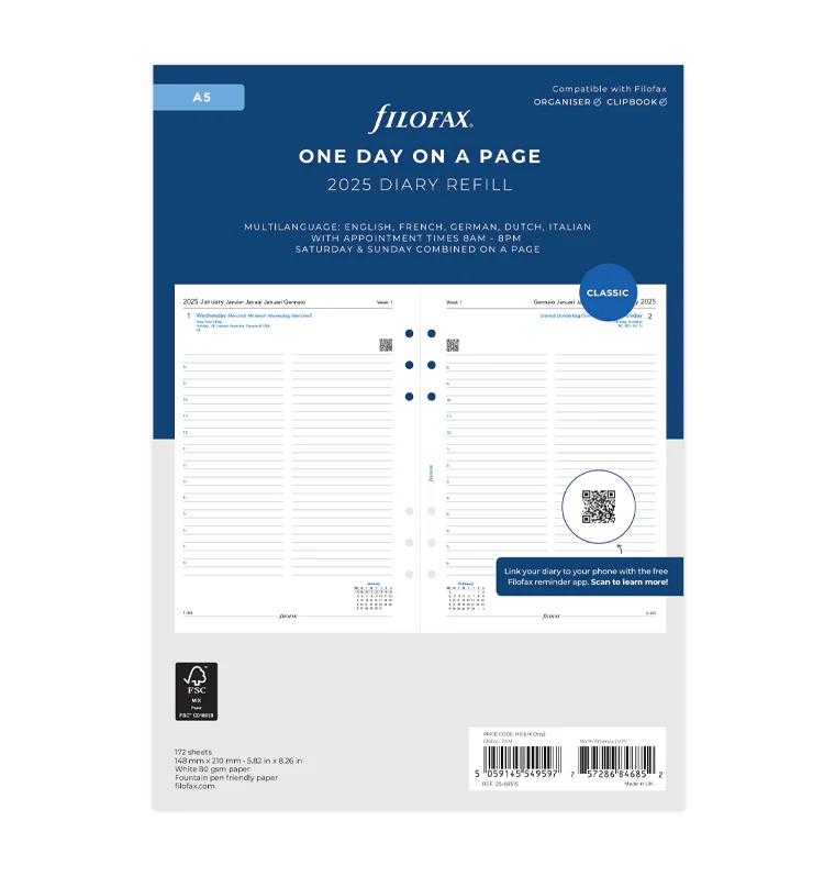 Filofax Refill for organizer Classic, A5, for 2025, 1 day per page