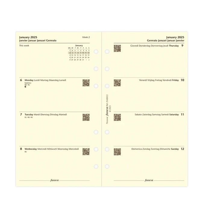 Filofax Пълнител за органайзер Classic, Personal, кремава хартия, за 2025 година, 1 седмица на 2 страници