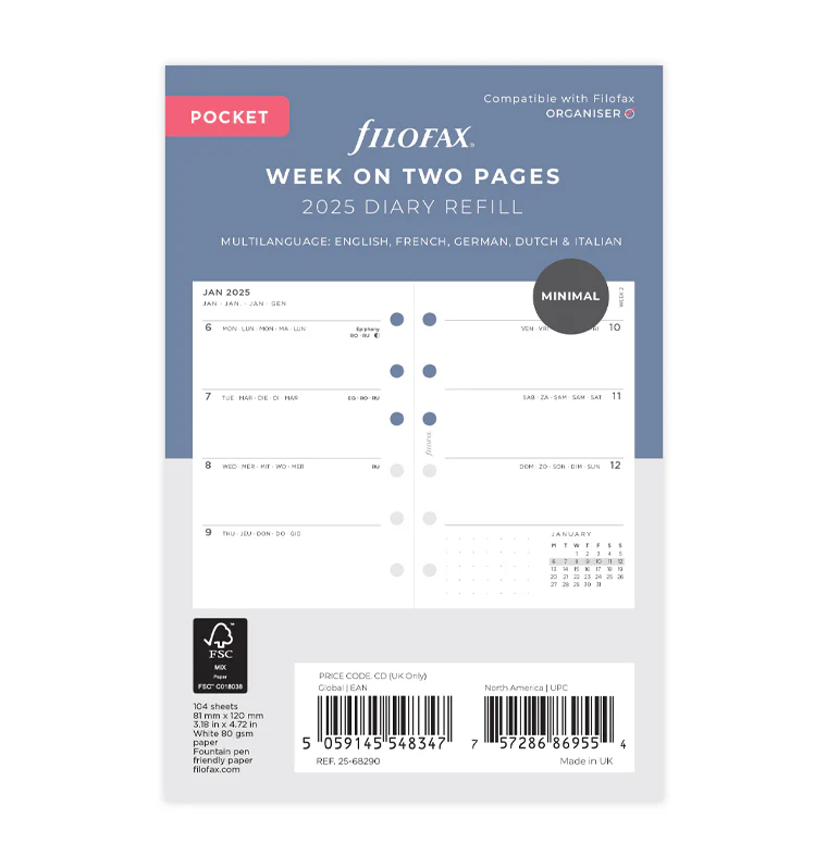 Filofax Refill for Organizer, Pocket, for 2025, 1 week on 2 pages