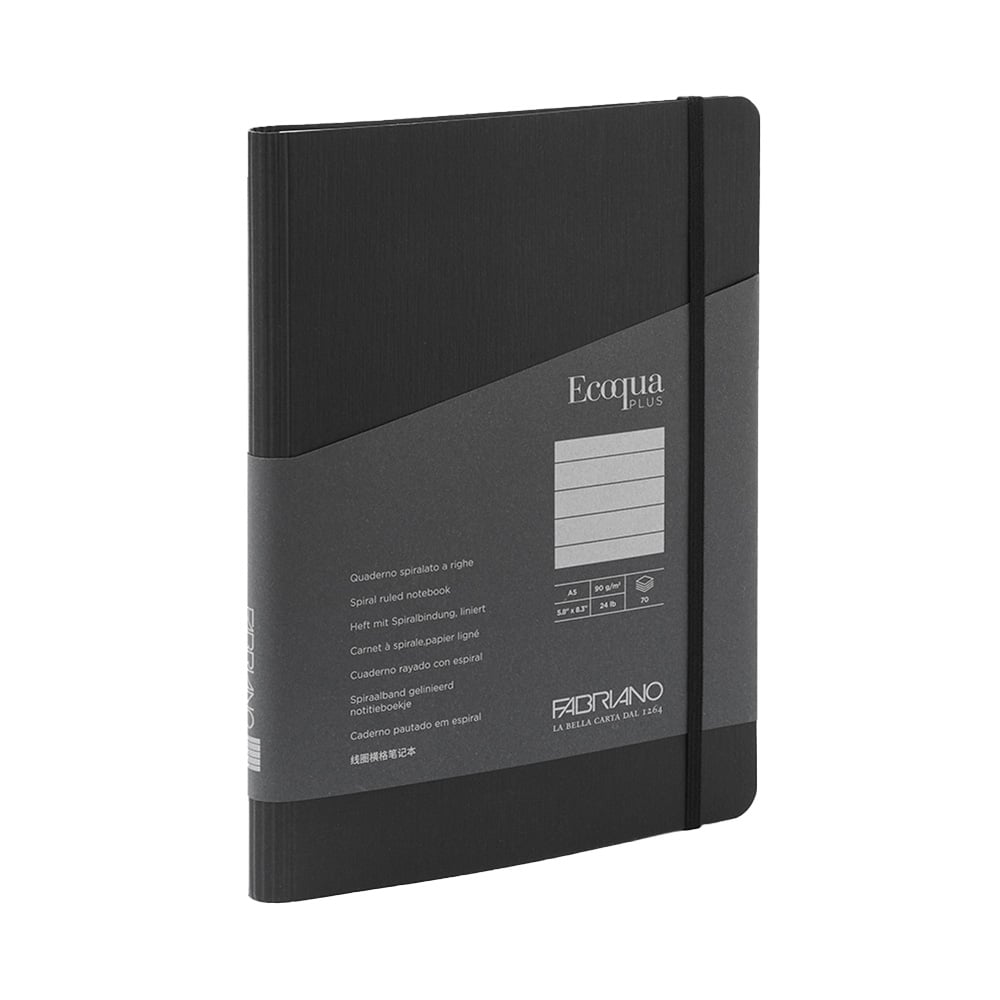 Fabriano Notebook Ecoqua+, A5, Cardboard Cover, Concealed Spiral, 70 Sheets, Black