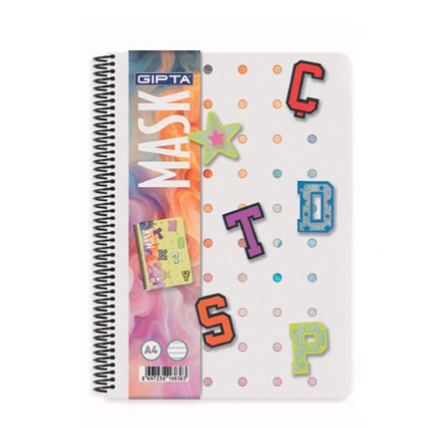 Gipta Notebook Mask, A4, white paper, wide ruled, PP cover, spiral, 72 sheets