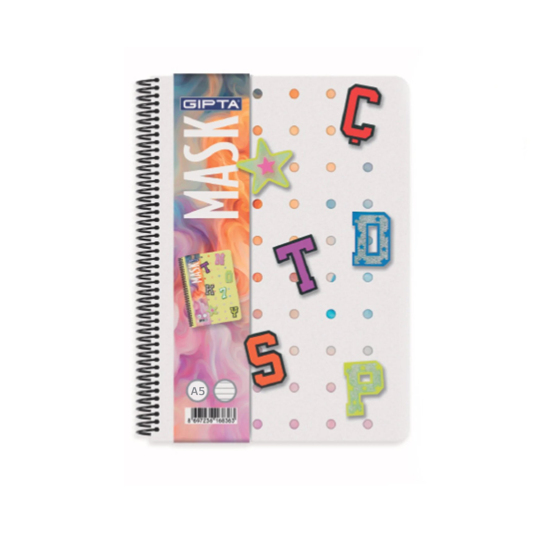 Gipta Notebook Mask, A5, white paper, wide ruled, PP cover, spiral, 72 sheets