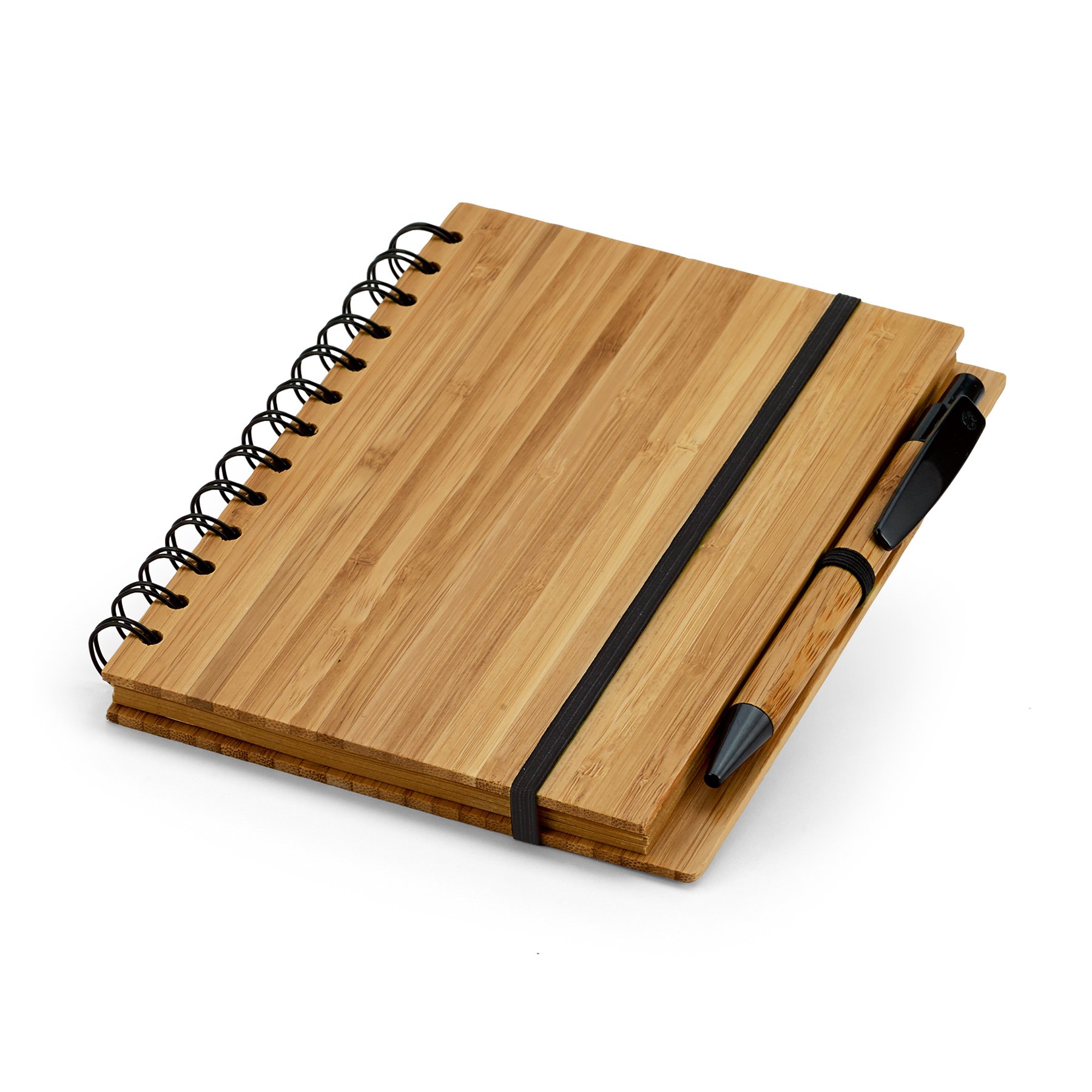 Hi!dea Notebook Bamboo, A5, with elastic, lined, recycled paper, hard bamboo cover, 140 sheets, with pen included