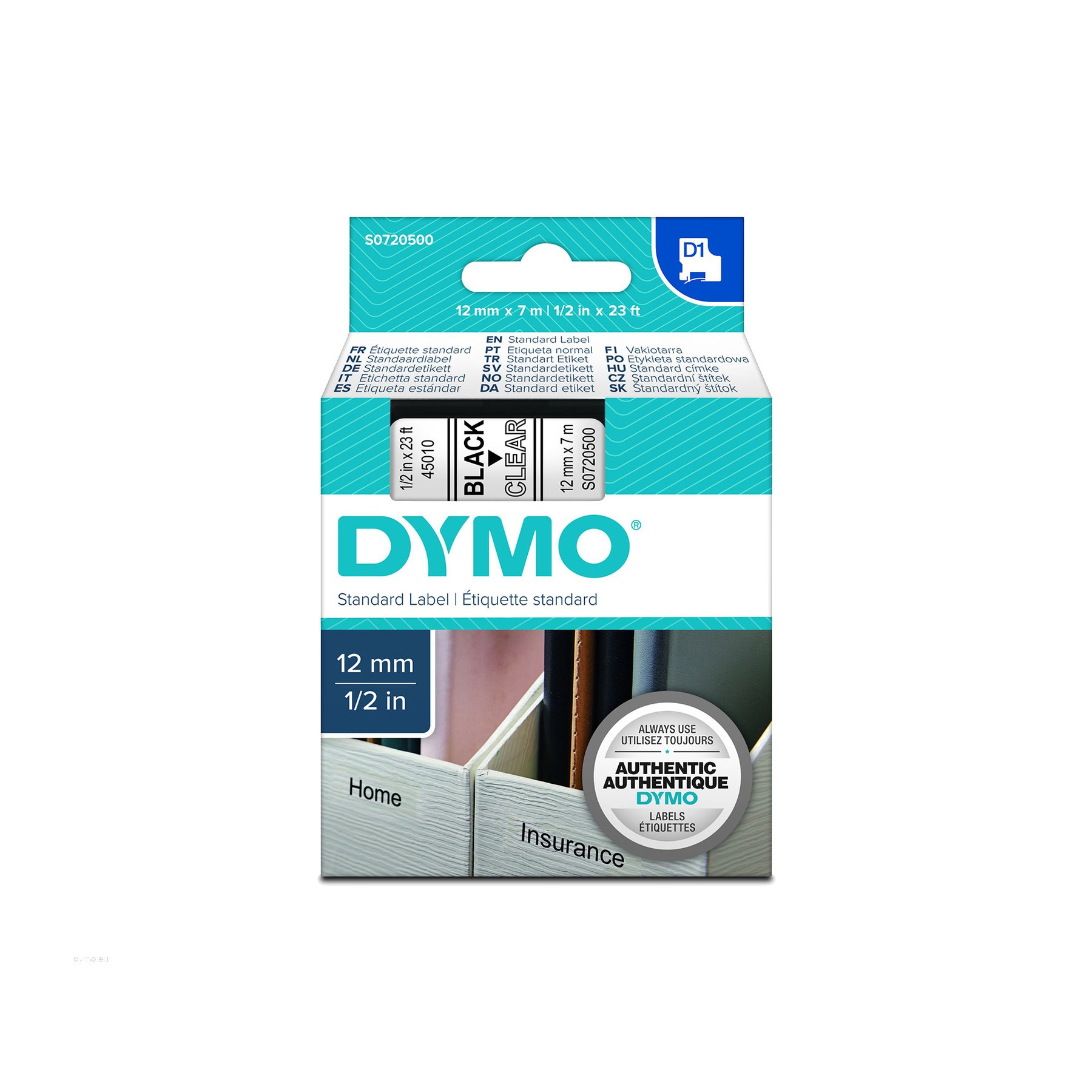 Dymo Tape 45010, 12 x 7 m, black letters/transparent background