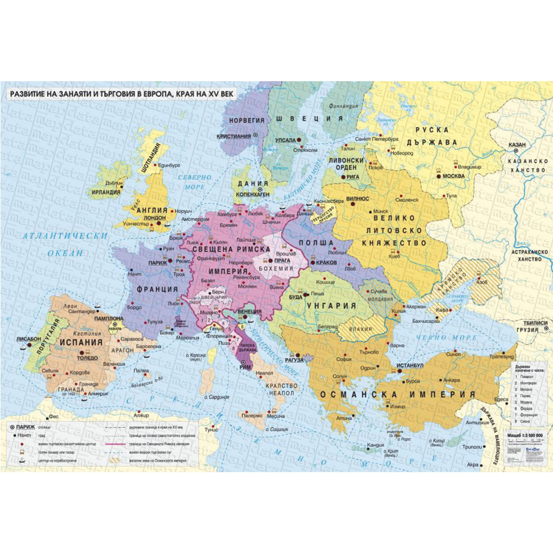 Map Development of crafts and trade in Europe at the end of the 15th century