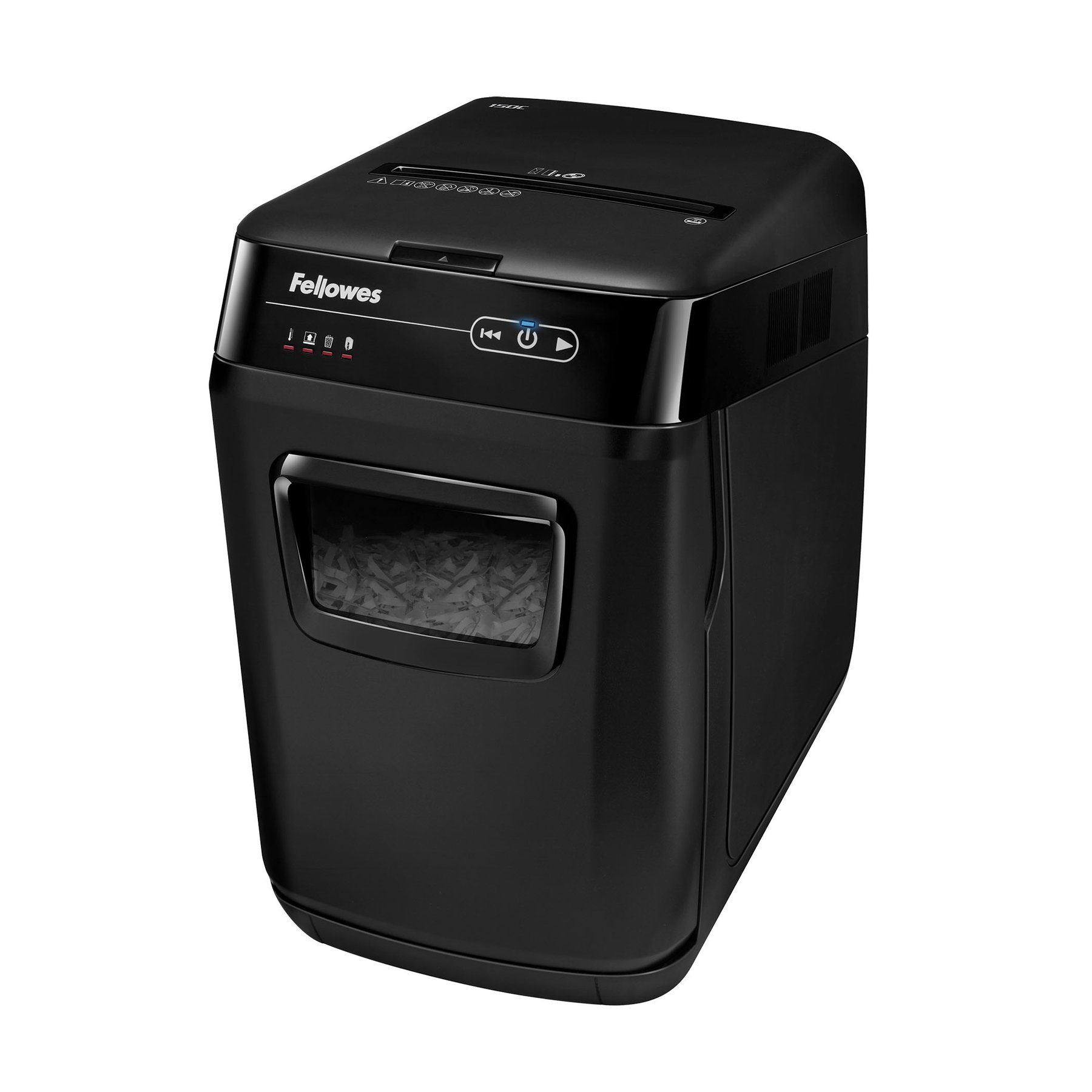 Shredder for destruction of documents Fellowes AutoMax 150C, Cross-Cut, 32 L, P-4, time for work 12 min, time for rest 25 min, level of noise 65 dB