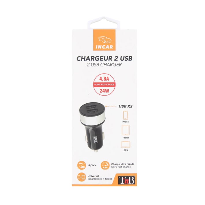 Зарядно устройство TNB, за автомобилна запалка, двойно, 4.8 Ah, USB