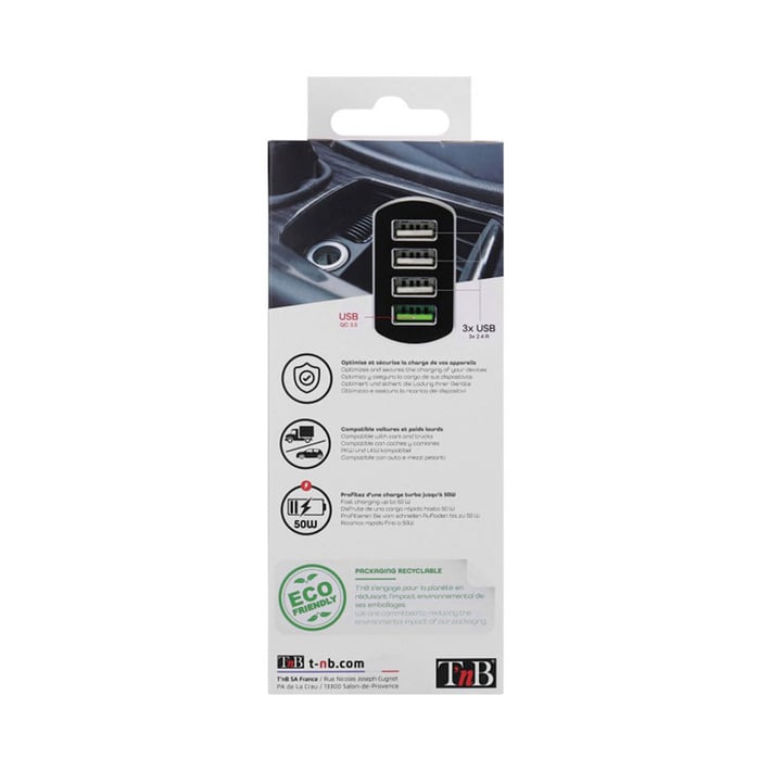 Charger device TNB, for car cigarette lighter, with 4 USB port, Quick Charge 3.0 USB