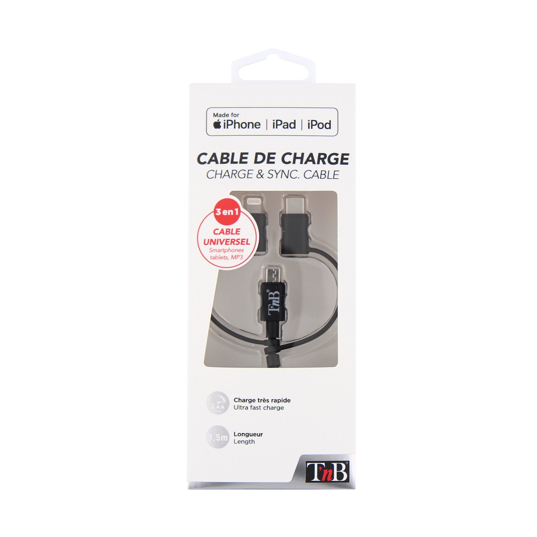 Cable TNB 3 in 1 Lightning, with micro USB and USB type C, 1.5 m, USB-C