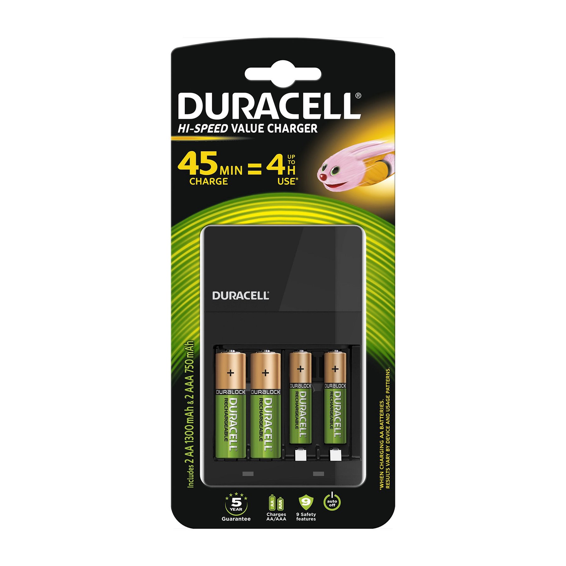 Charger Duracell CEF14, for 4 AA or AAA batteries, with included batteries, USB 2.0